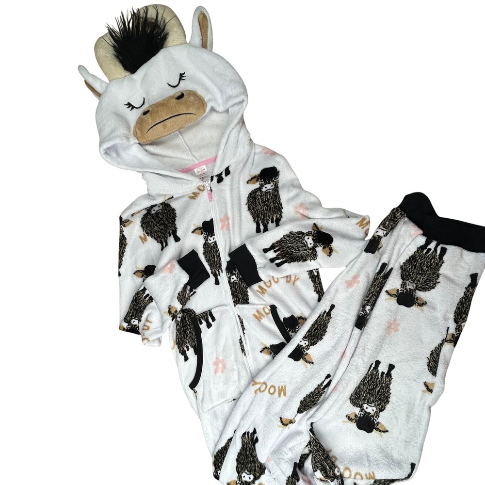 Womens Highland Cow Hooded Fleece Union Suit Pajamas White Medium